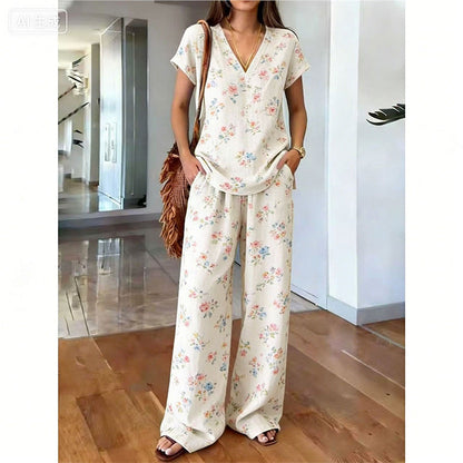 Conjunto de dos piezas para mujer con estampado bohemio y pantalón ancho
