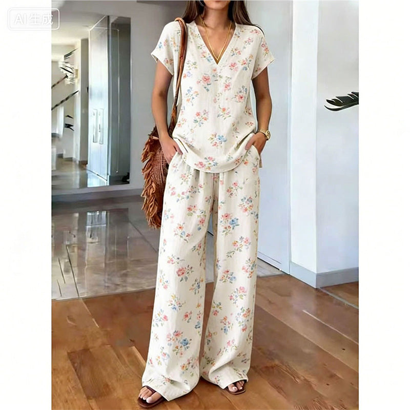 Conjunto de dos piezas para mujer con estampado bohemio y pantalón ancho