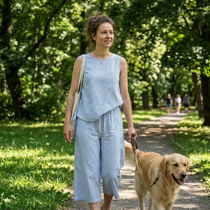 Conjunto de viscosa a rayas con pantalón capri casual verano