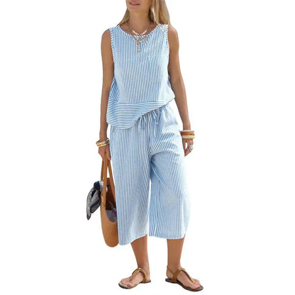 Conjunto de viscosa a rayas con pantalón capri casual verano