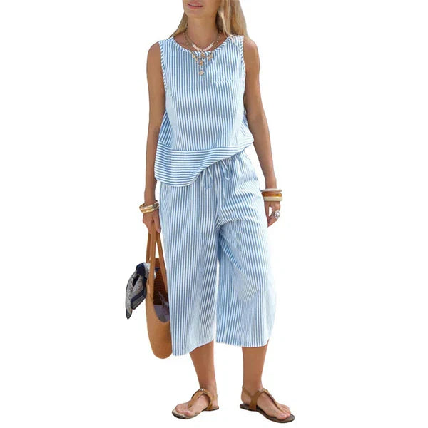 Conjunto de viscosa a rayas con pantalón capri casual verano