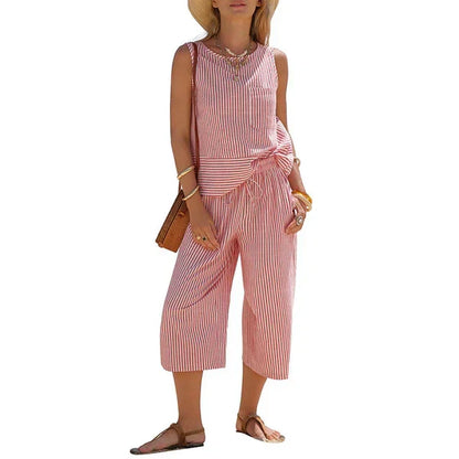 Conjunto de viscosa a rayas con pantalón capri casual verano