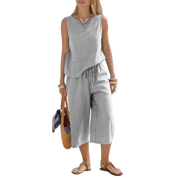 Conjunto de viscosa a rayas con pantalón capri casual verano
