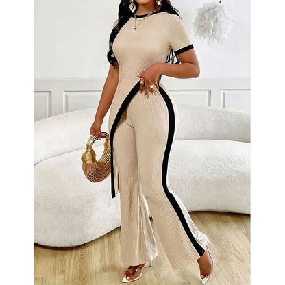 Conjunto de mujer asimétrico con pantalón acampanado de contraste
