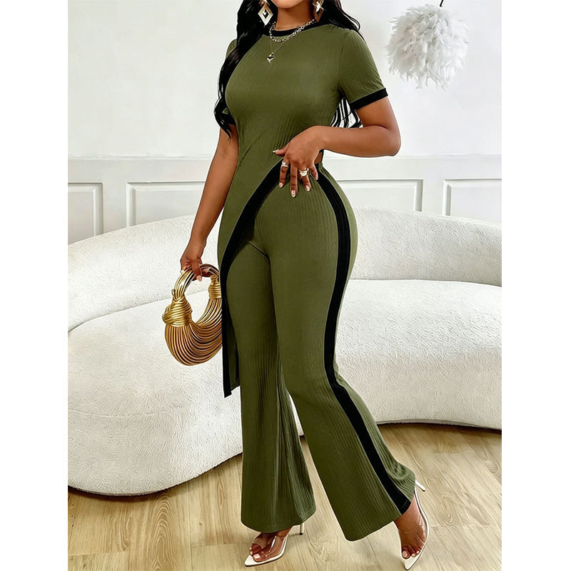 Conjunto de mujer asimétrico con pantalón acampanado de contraste