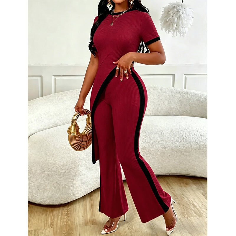 Conjunto de mujer asimétrico con pantalón acampanado de contraste