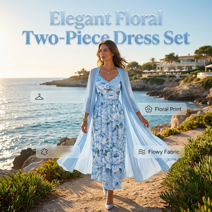 Conjunto floral para mujer con vestido y cárdigan ligero