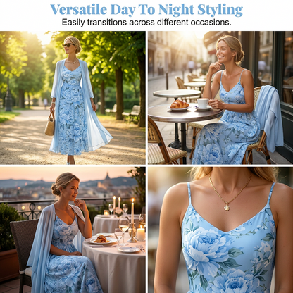Conjunto floral para mujer con vestido y cárdigan ligero