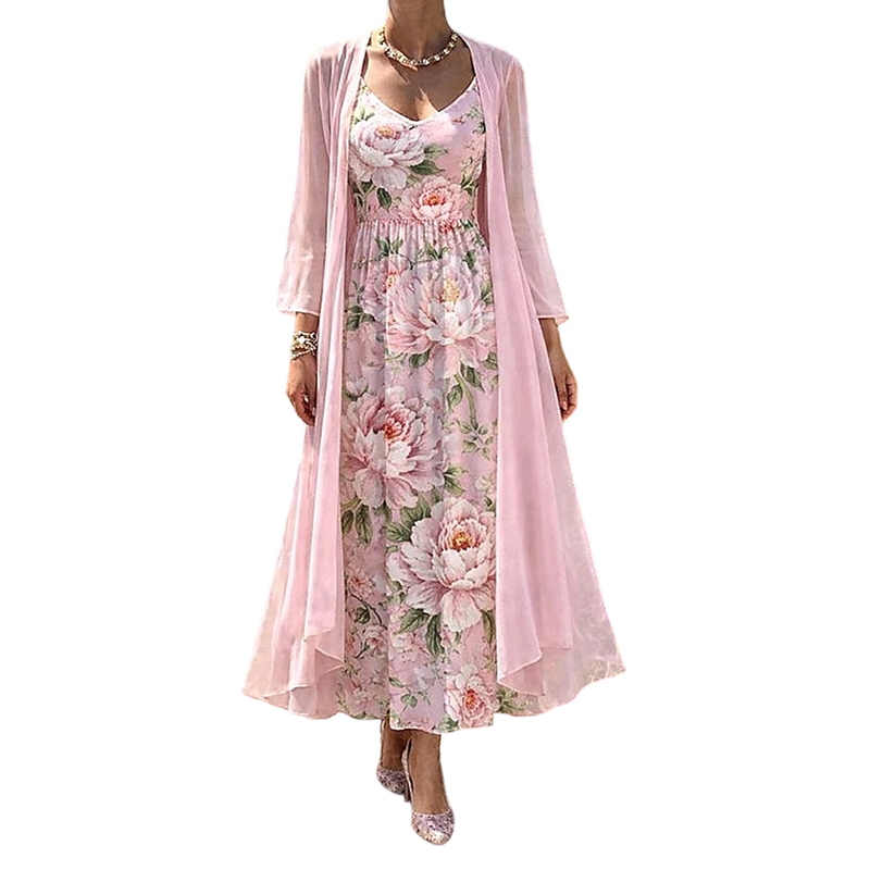 Conjunto floral para mujer con vestido y cárdigan ligero