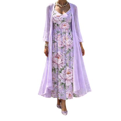 Conjunto floral para mujer con vestido y cárdigan ligero