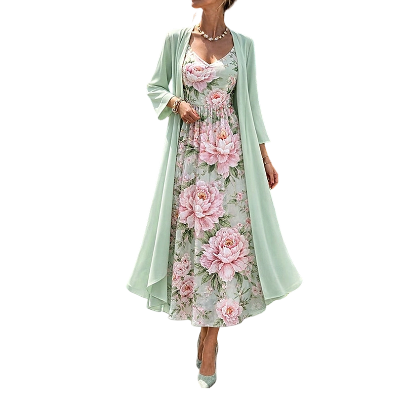 Conjunto floral para mujer con vestido y cárdigan ligero