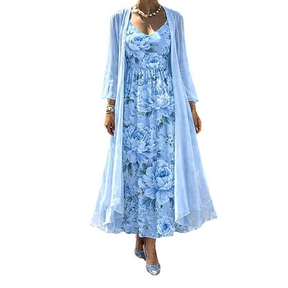 Conjunto floral para mujer con vestido y cárdigan ligero