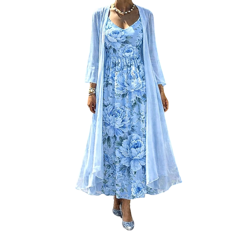 Conjunto floral para mujer con vestido y cárdigan ligero