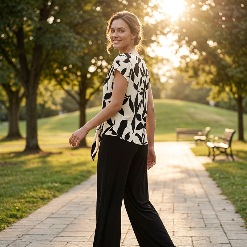 Conjunto de poliéster con top estampado y pantalón amplio chic