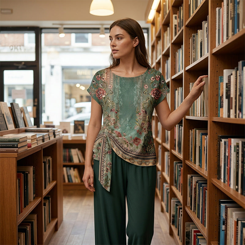 Conjunto de poliéster con top estampado y pantalón amplio chic
