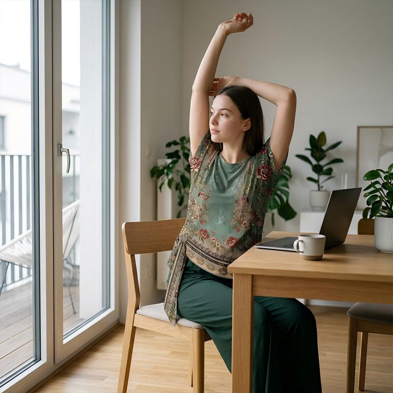 Conjunto de poliéster con top estampado y pantalón amplio chic