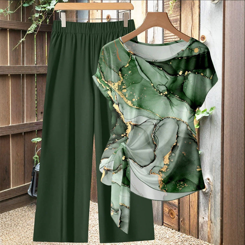 Conjunto de poliéster con top estampado y pantalón amplio chic