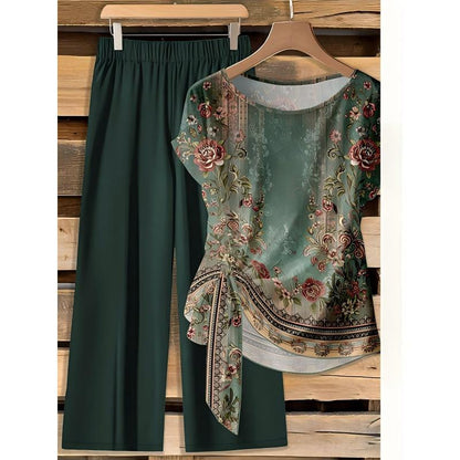 Conjunto de poliéster con top estampado y pantalón amplio chic