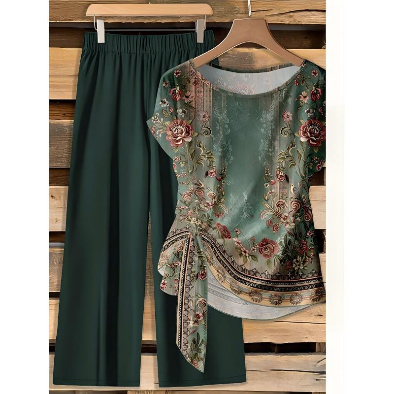 Conjunto de poliéster con top estampado y pantalón amplio chic