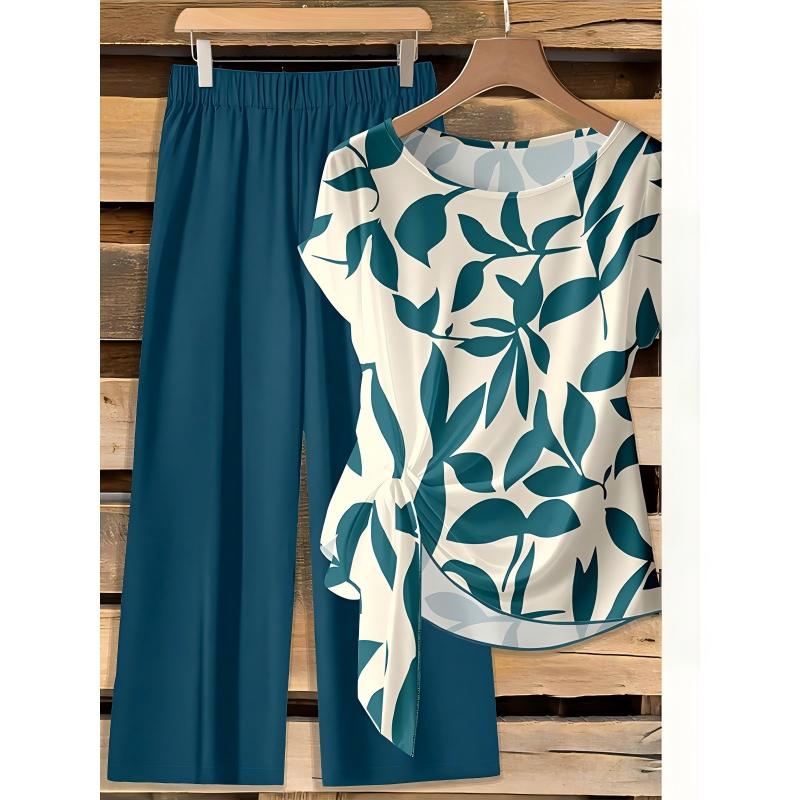 Conjunto de poliéster con top estampado y pantalón amplio chic
