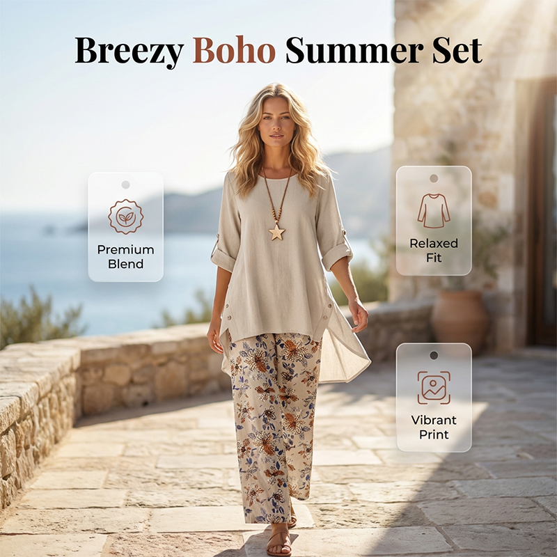 Conjunto mujer algodón lino con blusa amplia y pantalón floral