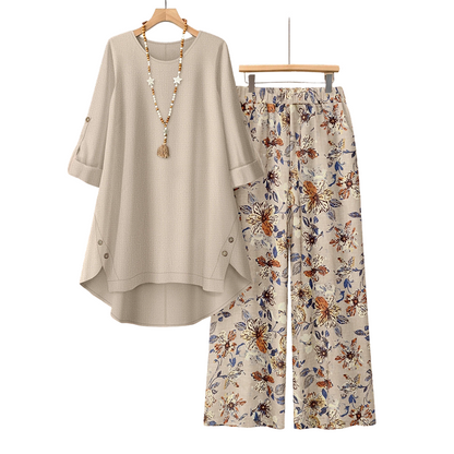 Conjunto mujer algodón lino con blusa amplia y pantalón floral