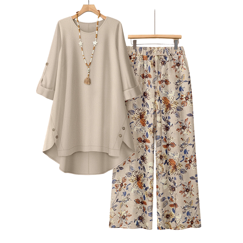 Conjunto mujer algodón lino con blusa amplia y pantalón floral