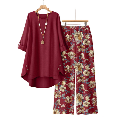 Conjunto mujer algodón lino con blusa amplia y pantalón floral