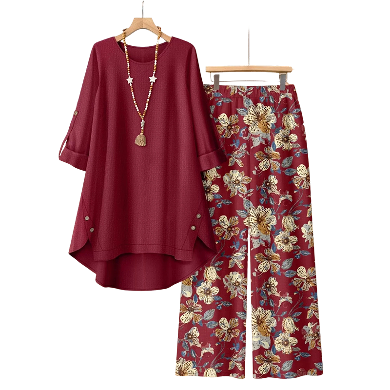 Conjunto mujer algodón lino con blusa amplia y pantalón floral