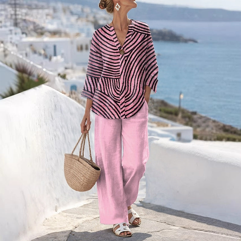 Conjunto mujer con blusa a rayas y pantalón ancho casual chic