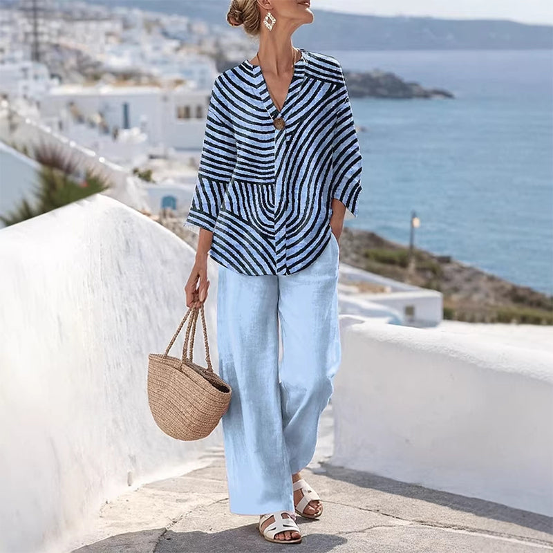 Conjunto mujer con blusa a rayas y pantalón ancho casual chic