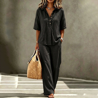 Conjunto de mujer fluido con blusa abotonada y pantalón ancho