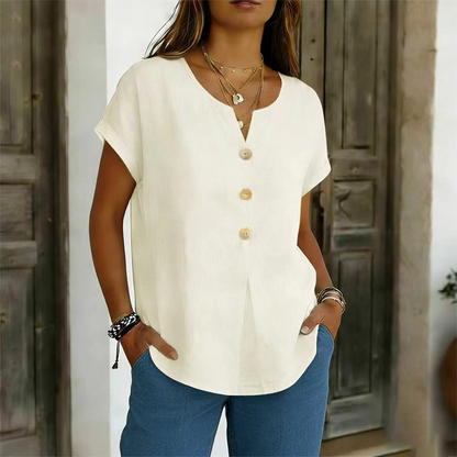 Camiseta mujer cuello V con botones decorativos