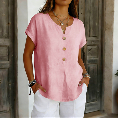 Camiseta mujer cuello V con botones decorativos