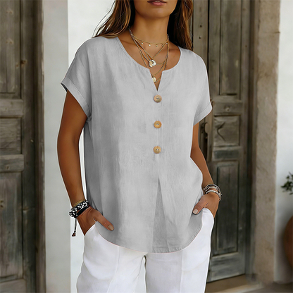 Camiseta mujer cuello V con botones decorativos