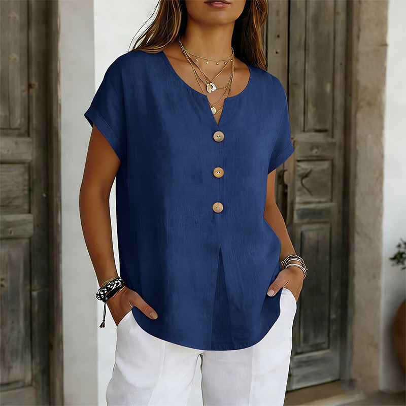 Camiseta mujer cuello V con botones decorativos