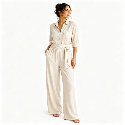 Mono camisero de mujer con cinturón y pantalón ancho