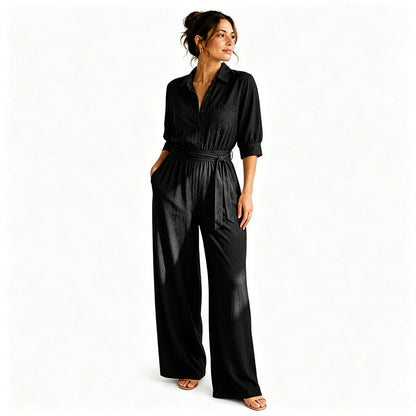 Mono camisero de mujer con cinturón y pantalón ancho
