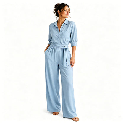 Mono camisero de mujer con cinturón y pantalón ancho