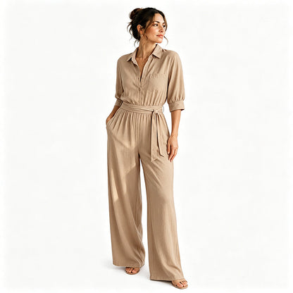 Mono camisero de mujer con cinturón y pantalón ancho