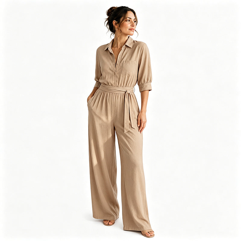 Mono camisero de mujer con cinturón y pantalón ancho