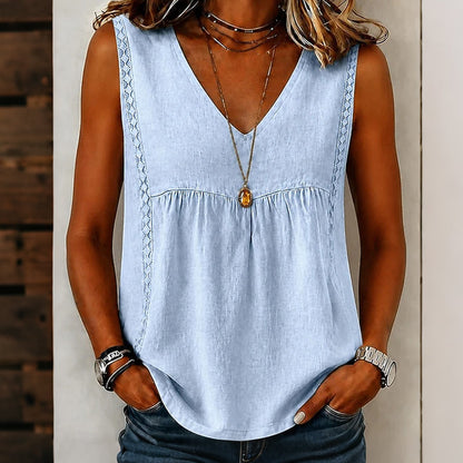 Camiseta sin mangas mujer algodón-lino con escote en V y encaje