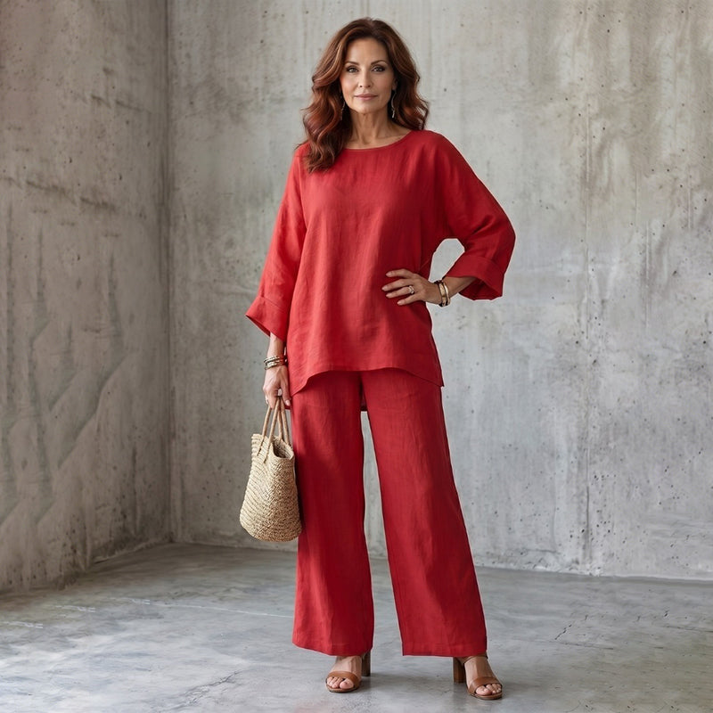 Conjunto de dos piezas mujer efecto lino con pantalón ancho