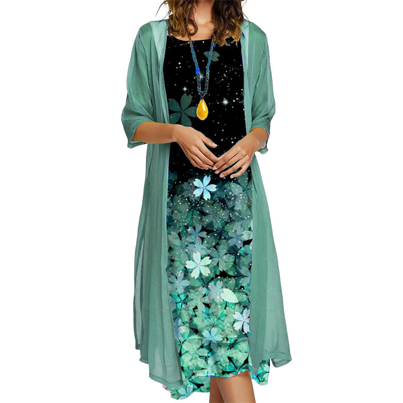 Conjunto de vestido floral para mujer con chaqueta ligera