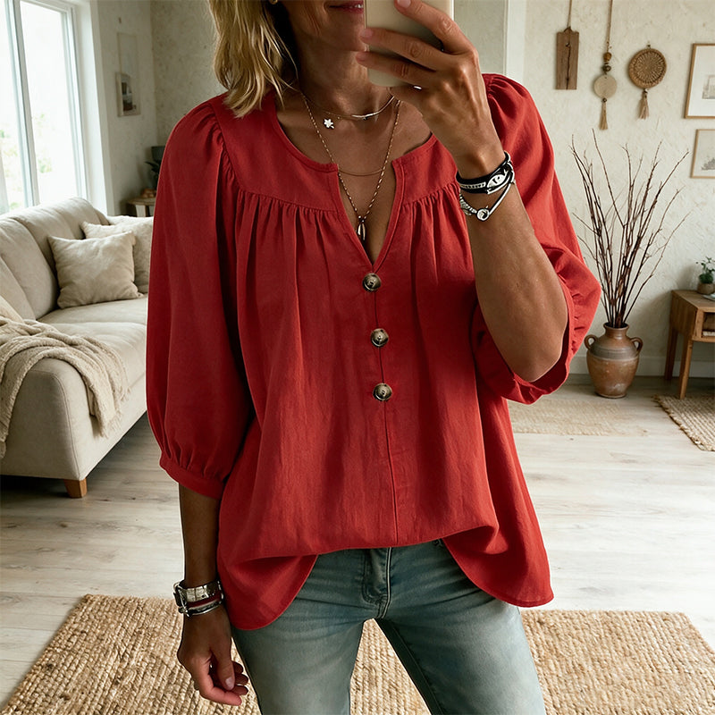 Blusa mujer con cuello en V, botones y mangas 3/4