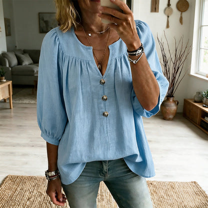 Blusa mujer con cuello en V, botones y mangas 3/4