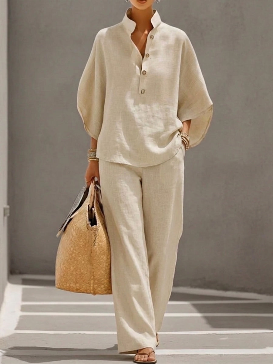 Conjunto de blusa con cuello alzado y pantalón – Conjunto holgado de lino