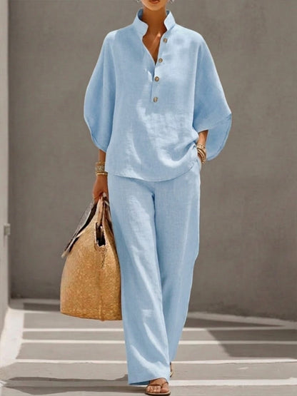 Conjunto de blusa con cuello alzado y pantalón – Conjunto holgado de lino