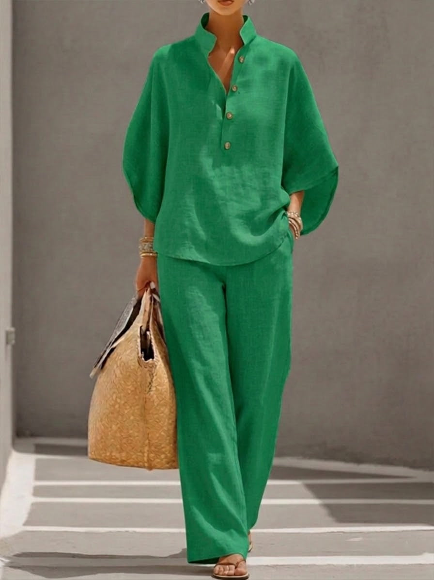 Conjunto de blusa con cuello alzado y pantalón – Conjunto holgado de lino