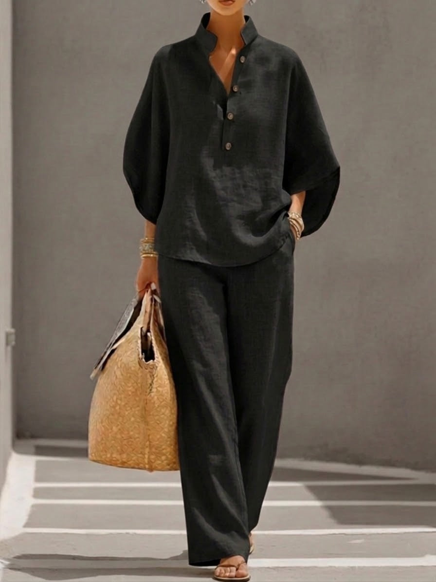 Conjunto de blusa con cuello alzado y pantalón – Conjunto holgado de lino
